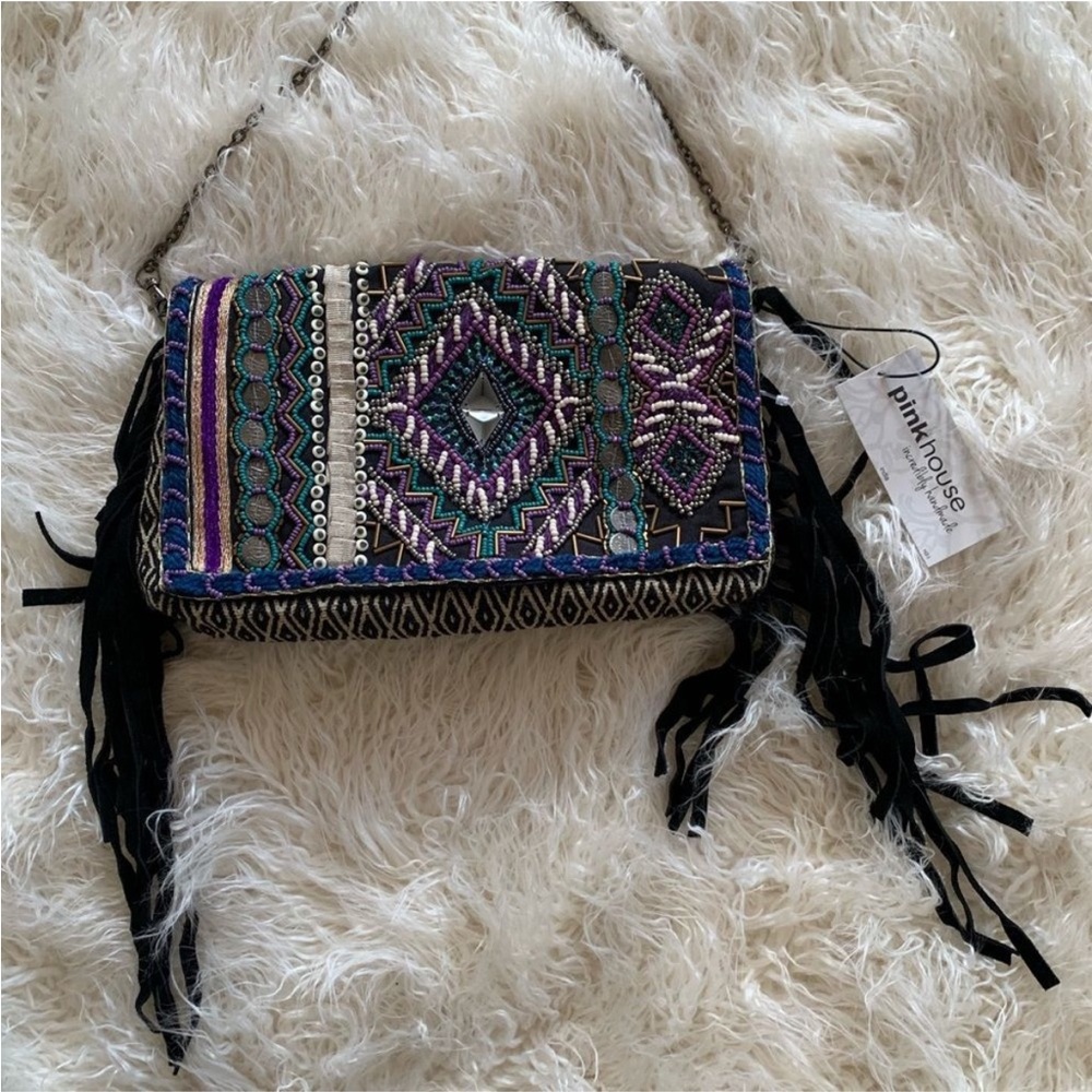 Pink House Beaded Fringe Women’s Handbag Purse NWT